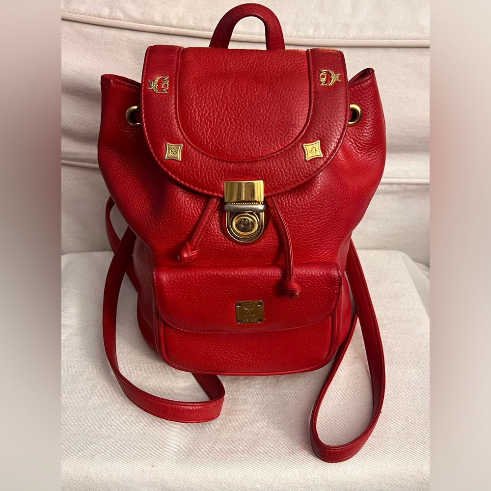 MCM Shoulder Bag Backpack Red Leather MCM Handbag Small Bags Convertible Purse